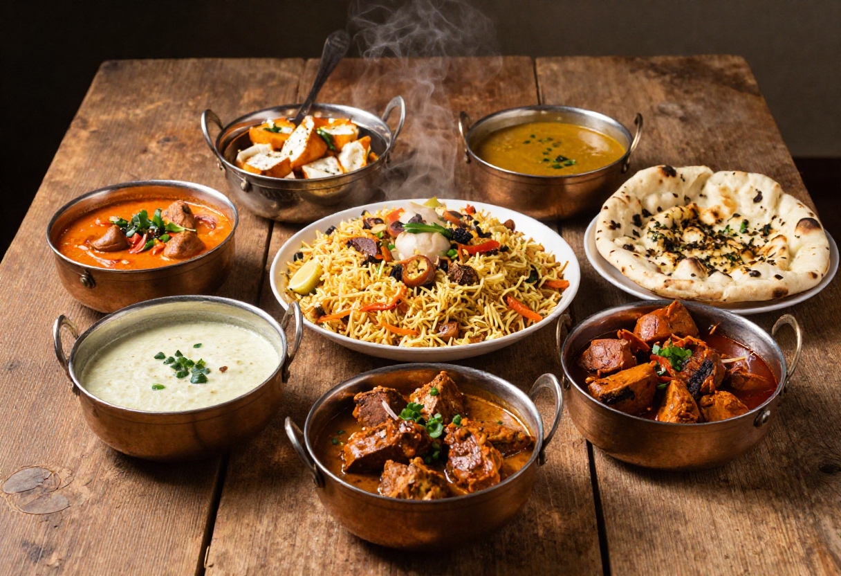 Authentic Indian dishes including butter chicken, chicken biryani, tandoori chicken, paneer butter masala, and garlic naan served on a rustic table in a warm restaurant setting at Pangaat Indian Restaurant & Bar on the Gold Coast.