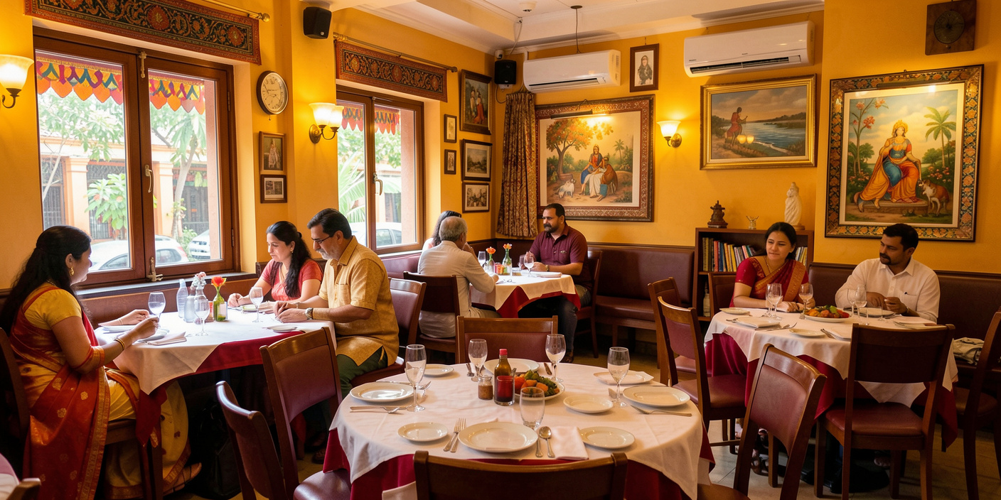 Authentic Indian dishes including butter chicken, chicken biryani, tandoori chicken, paneer butter masala, and garlic naan served on a wooden table in a warm, inviting restaurant setting at Pangaat Indian Restaurant & Bar.