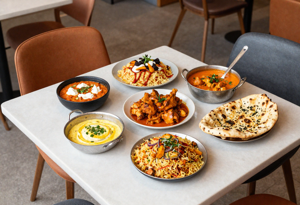 Authentic Indian dishes including butter chicken, chicken biryani, tandoori chicken, paneer butter masala, and garlic naan served in a warm, inviting dining setting at Pangaat Indian Restaurant & Bar, a top-rated Indian restaurant in Mudgeeraba on the Gold Coast.