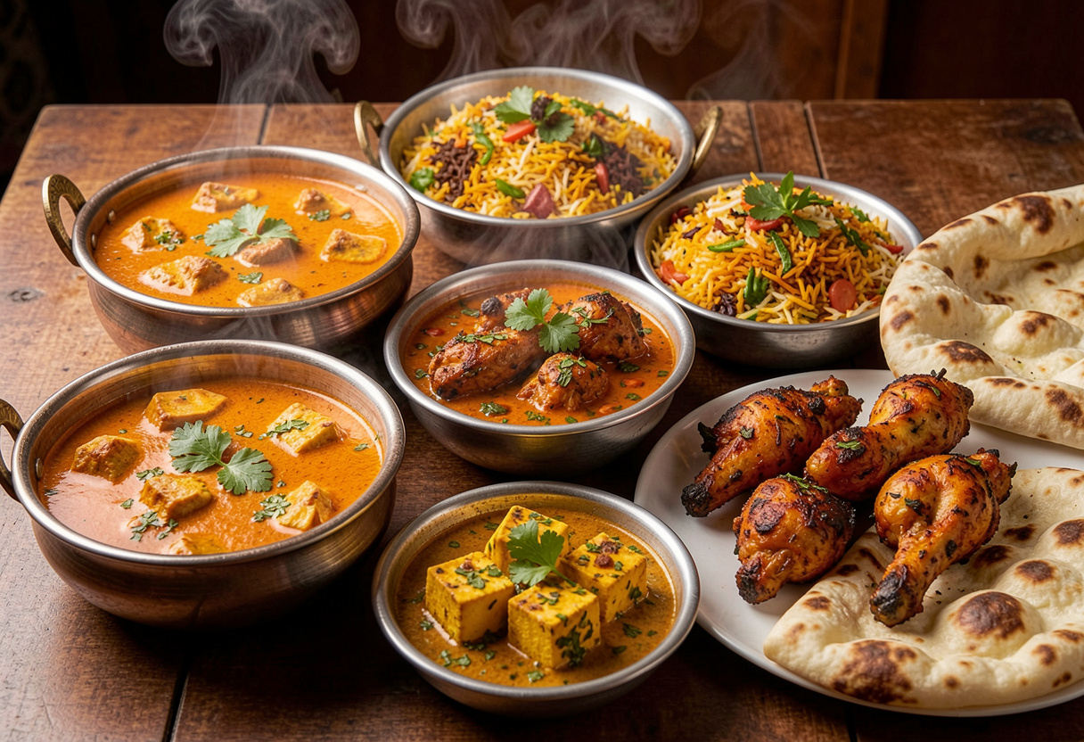 Authentic Indian dishes including butter chicken, biryani, tandoori chicken, paneer curry, and naan served in a warm dining setting at Pangaat Indian Restaurant & Bar near Southport on the Gold Coast.