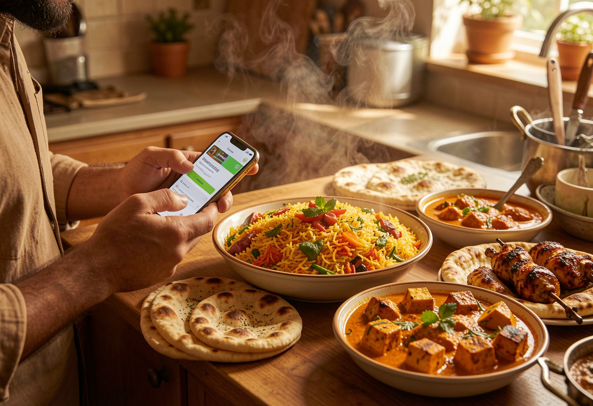 Person ordering Indian food online with dishes like butter chicken, biryani, naan, and tandoori chicken displayed on a table from Pangaat Indian Restaurant & Bar on the Gold Coast.