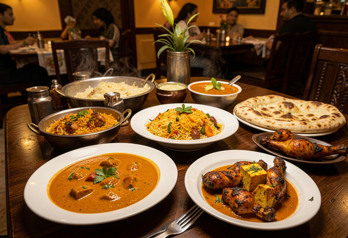 Authentic Indian dishes including butter chicken, biryani, naan, and tandoori chicken served at Pangaat Indian Restaurant & Bar near Springbrook on the Gold Coast.