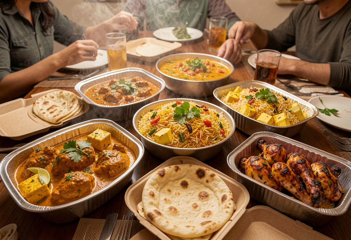 Family-style Indian takeaway dinner with butter chicken, biryani, naan, and tandoori dishes from Pangaat Indian Restaurant & Bar on the Gold Coast.