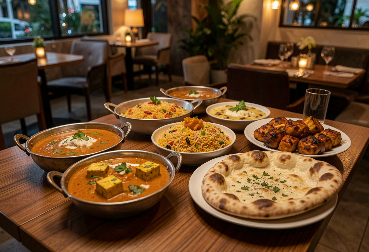 Authentic Indian dishes including butter chicken, biryani, garlic naan, and tandoori chicken served at Pangaat Indian Restaurant & Bar on the Gold Coast.