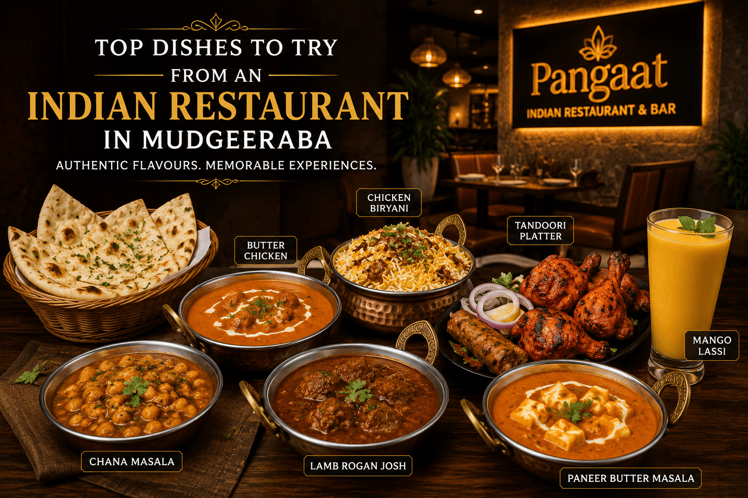 Butter Chicken, Chicken Biryani, Garlic Naan, and Tandoori Platter served at Pangaat Indian Restaurant & Bar, one of the best Indian restaurants in Mudgeeraba, Gold Coast.